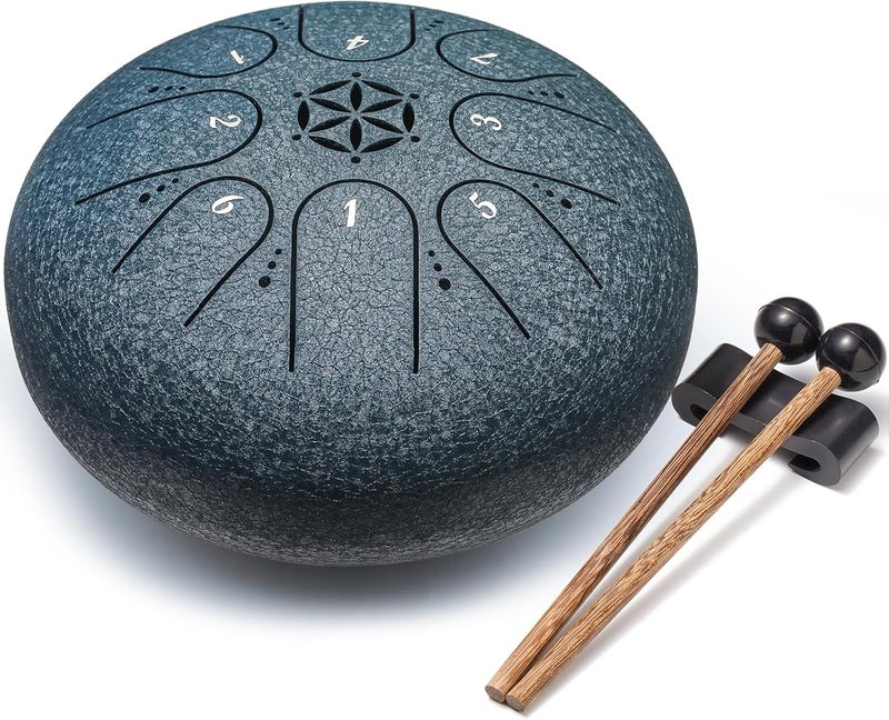 PUJONI Steel Tongue Drum, 6 Inch 8 Notes Percussion Instruments with Music Book, Mallets, Carry Bag, Finger Picks, Gifts for Beginners Musical Education & Adults Relaxation Meditation (Navy) - Image 1